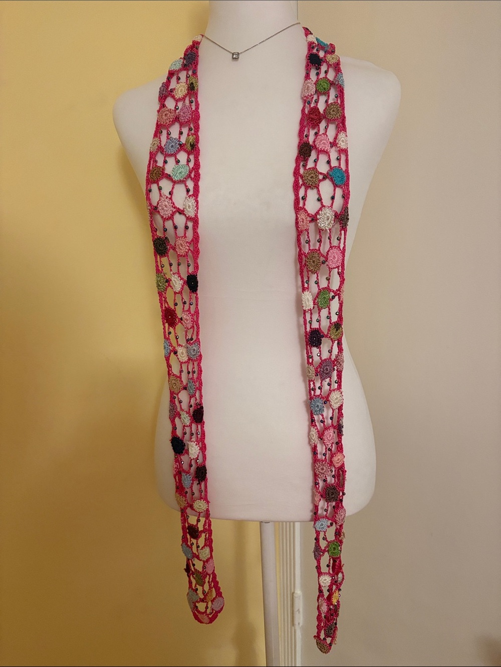 Handmade Pink Crochet Scarf with Multicolor Accents 72” inches